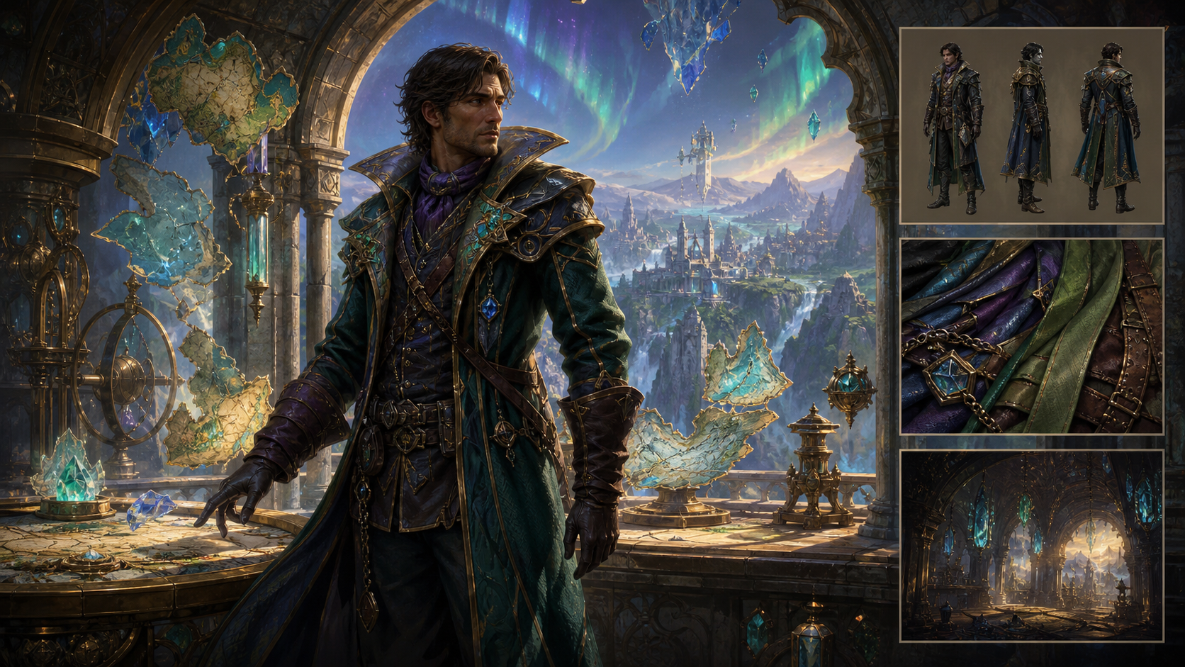 An original fully clothed adult fantasy cartographer in a luminous observatory with costume and environment studies