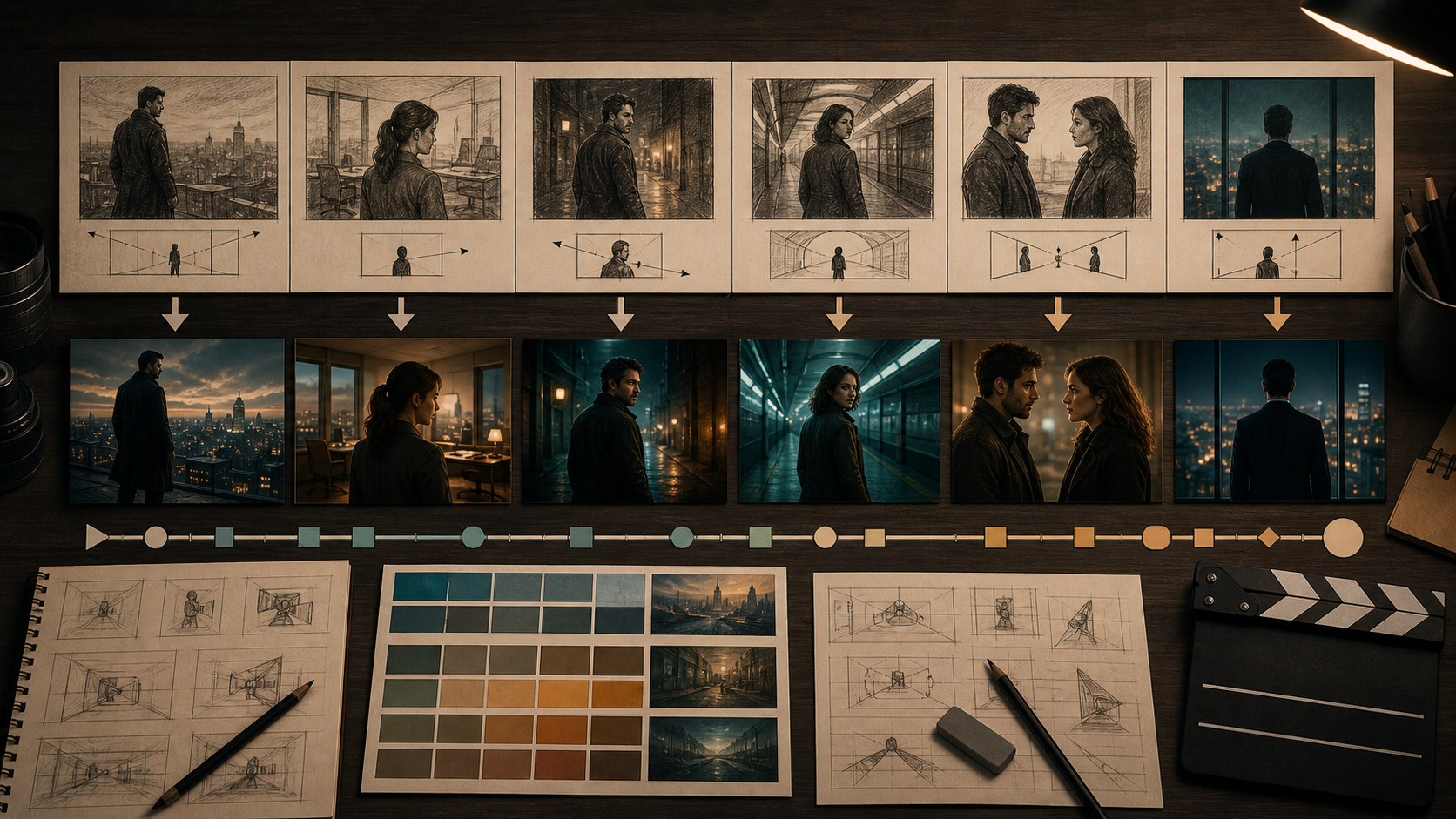 Original adult storyboard frames matched to polished cinematic shots on a professional production desk