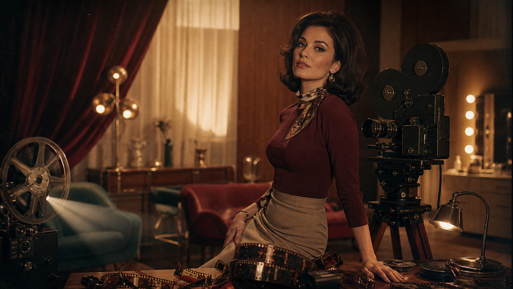 A fully clothed fictional adult performer in a carefully designed vintage film studio