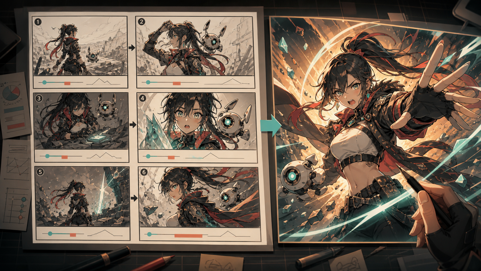 Six-panel anime storyboard leading to a selected action frame
