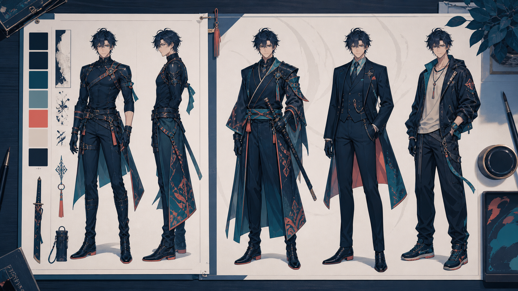 Anime character continuity sheet with three controlled outfit variations