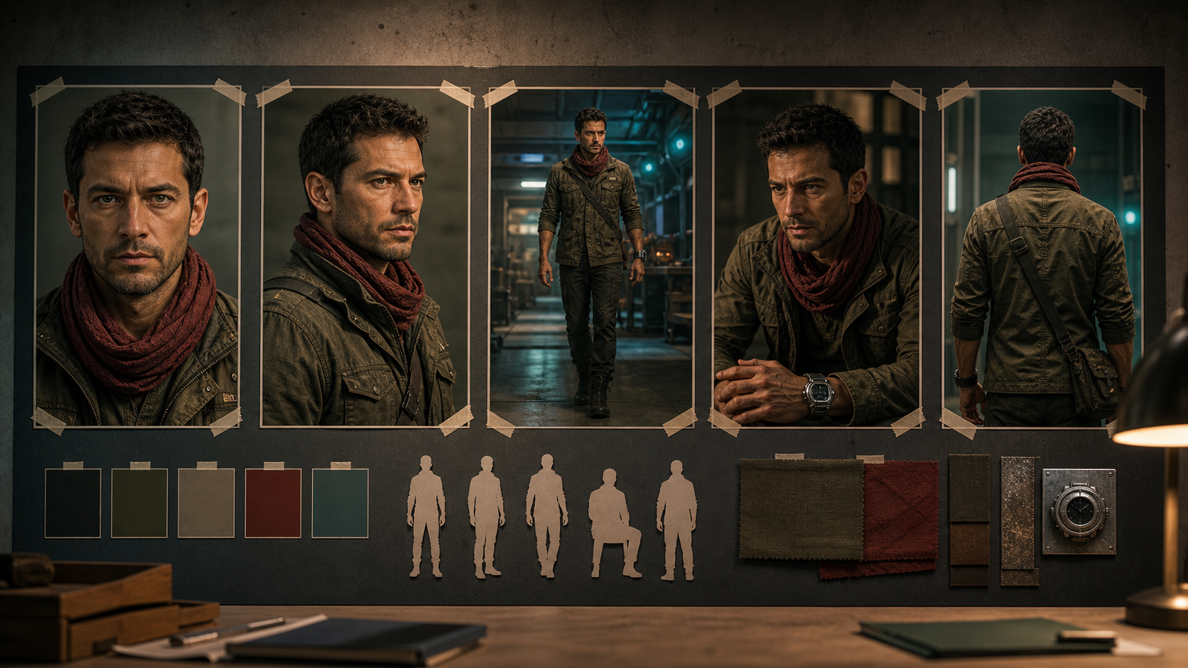 The same original fully clothed adult character shown consistently across five production reference frames