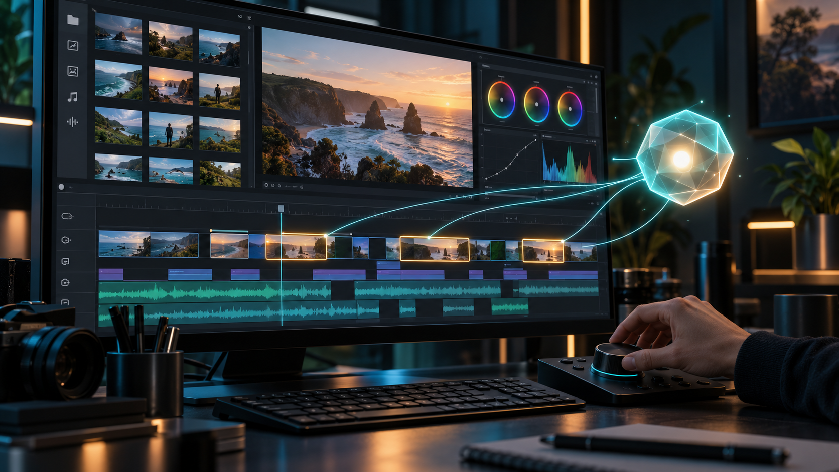 Conceptual illustration of an AI assistant selecting and arranging clips on a video editing timeline