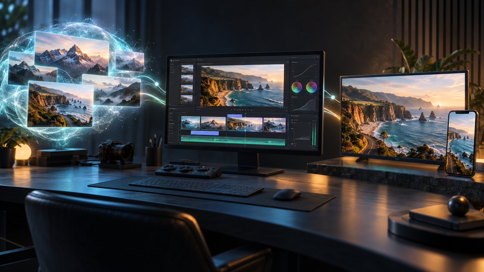 Conceptual workflow showing generated video shots moving into an editing timeline and a finished desktop and mobile video