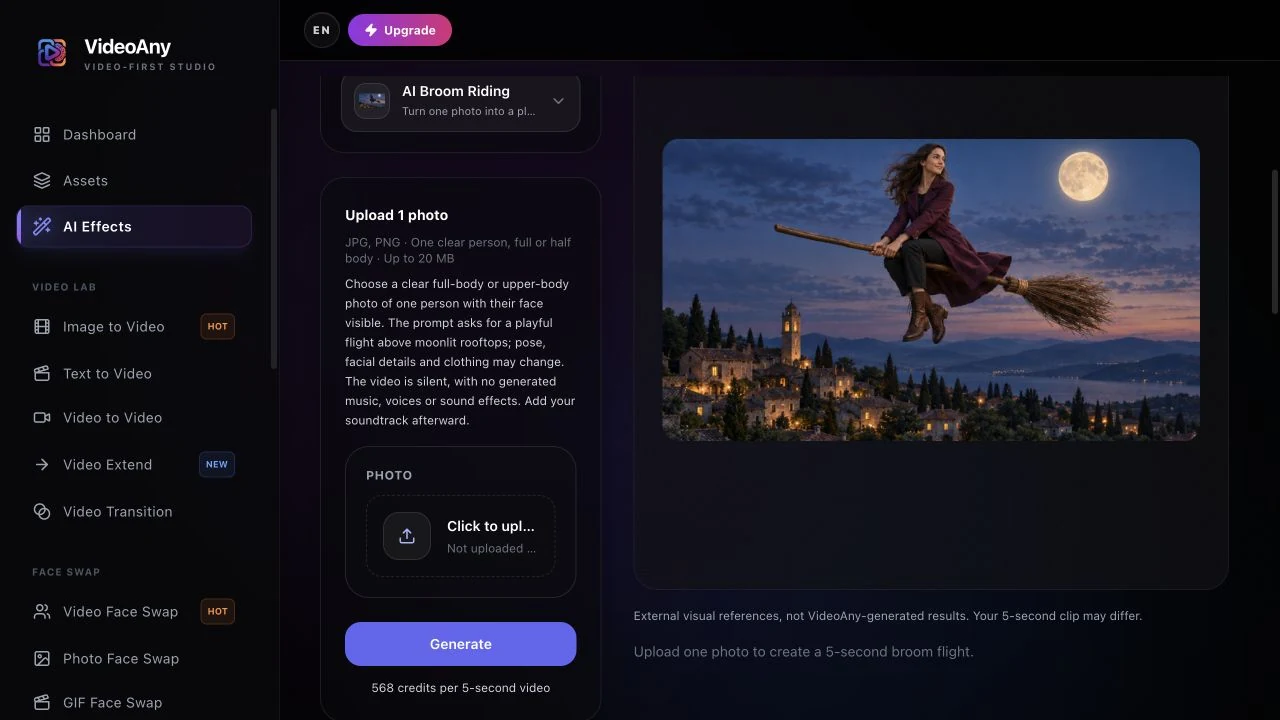 VideoAny AI Broom Riding studio with the single-photo upload field, Generate button, and external scene preview