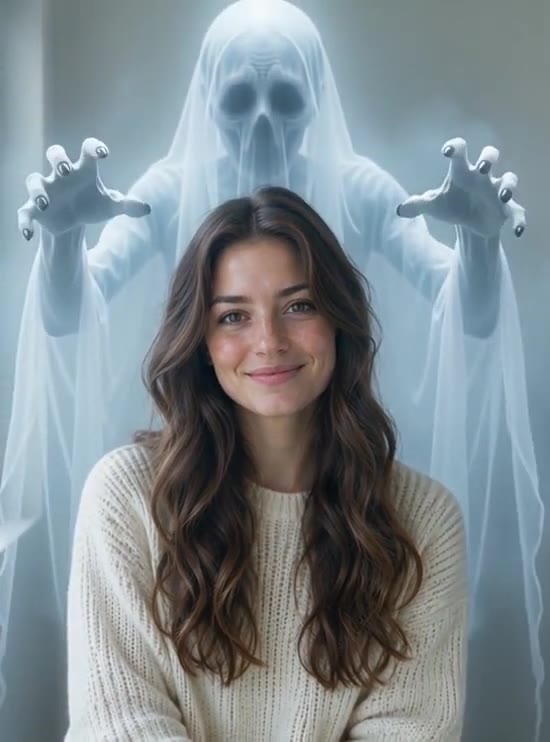 External reference of a smiling woman indoors with a pale ghost visible above and behind her shoulders