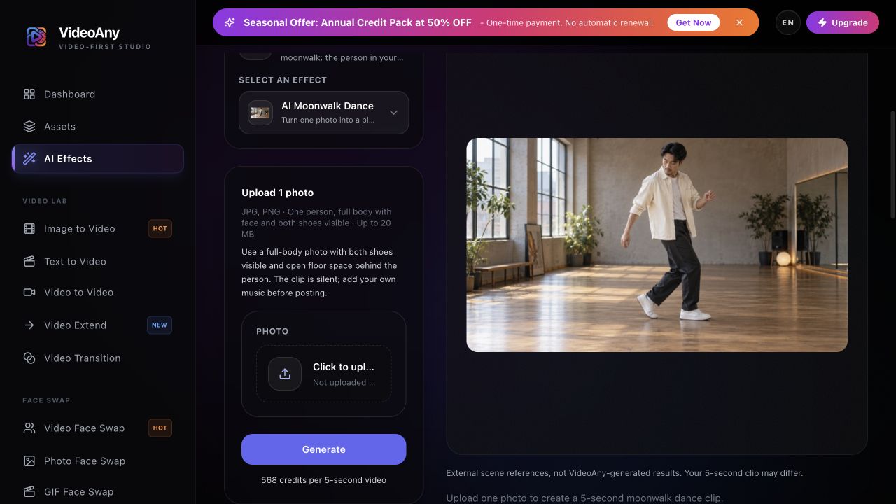 VideoAny Moonwalk Dance studio showing the single-photo upload field, Generate button, 568-credit cost, and external scene reference