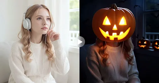 A before-and-after example changes a person in headphones into a glowing pumpkin-headed character in a dim room.