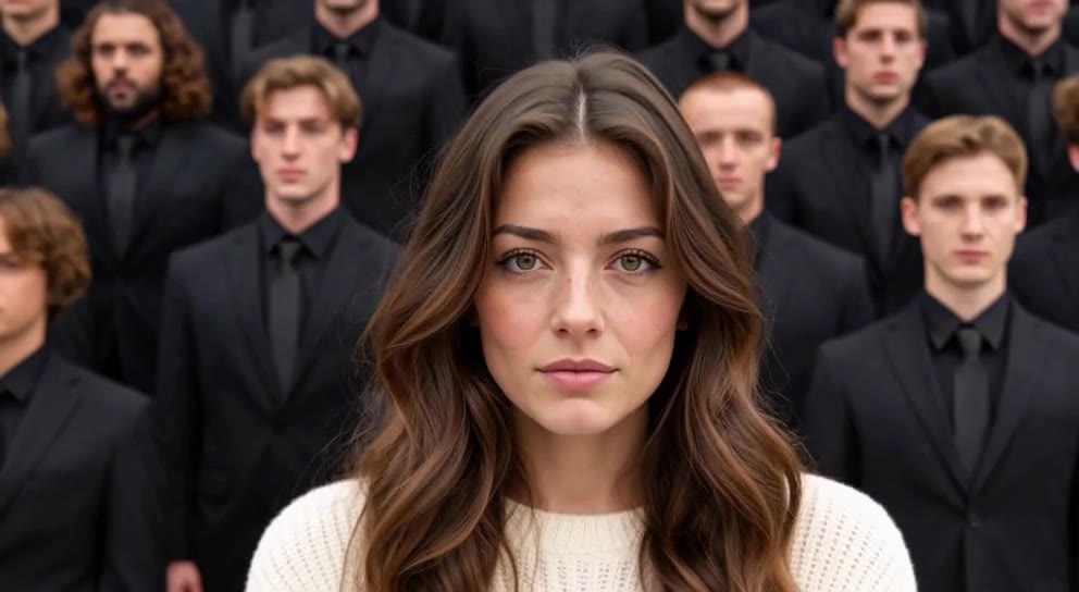 A person in a cream sweater faces the camera with rows of people in dark suits behind.