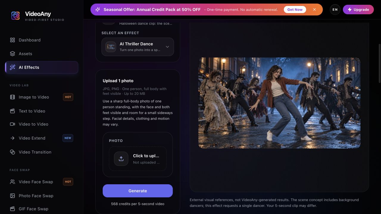 VideoAny AI Thriller Dance studio showing one-photo upload, the Generate button, the 568-credit cost and a labeled external Halloween reference