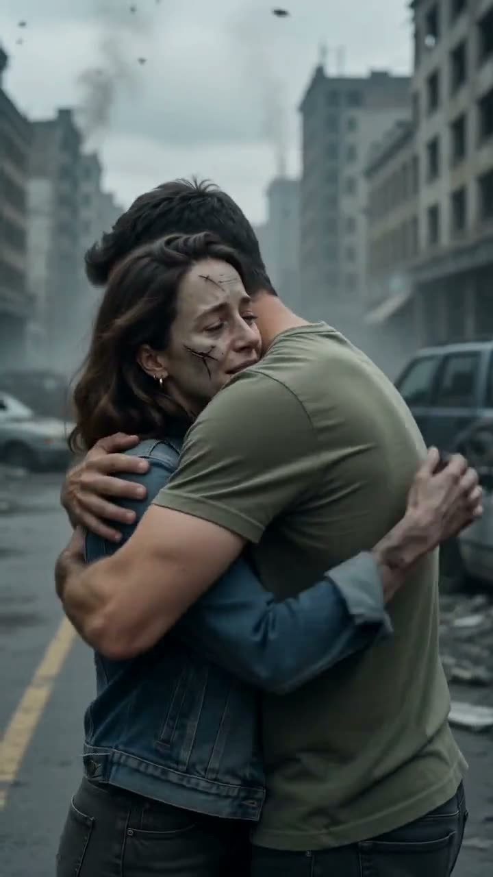 External dramatic human-and-zombie reunion reference showing two adults embracing on an empty street