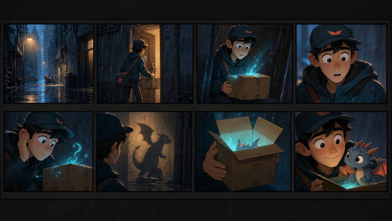 Eight-shot rainy-alley storyboard