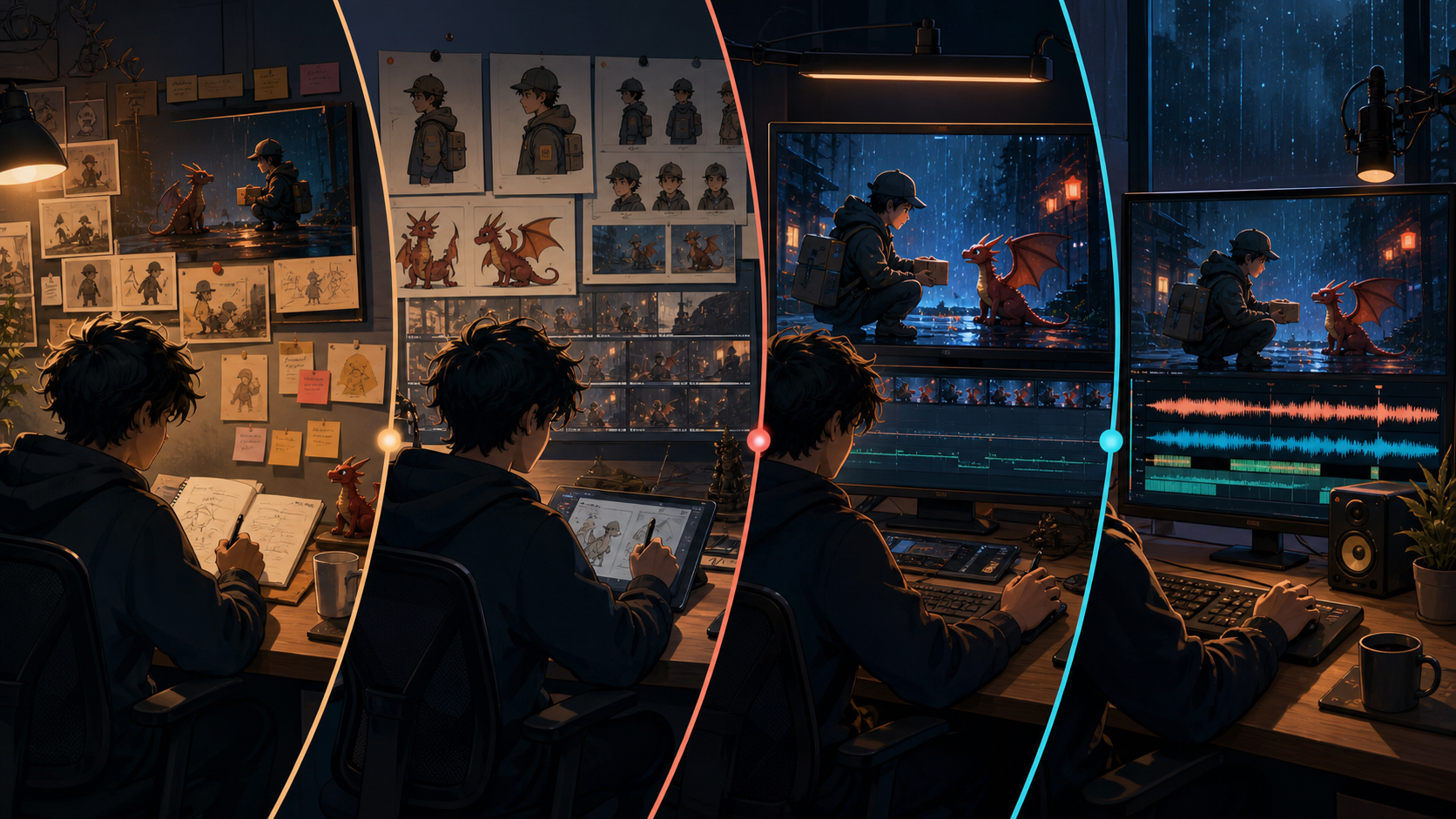 Four-session solo production workflow
