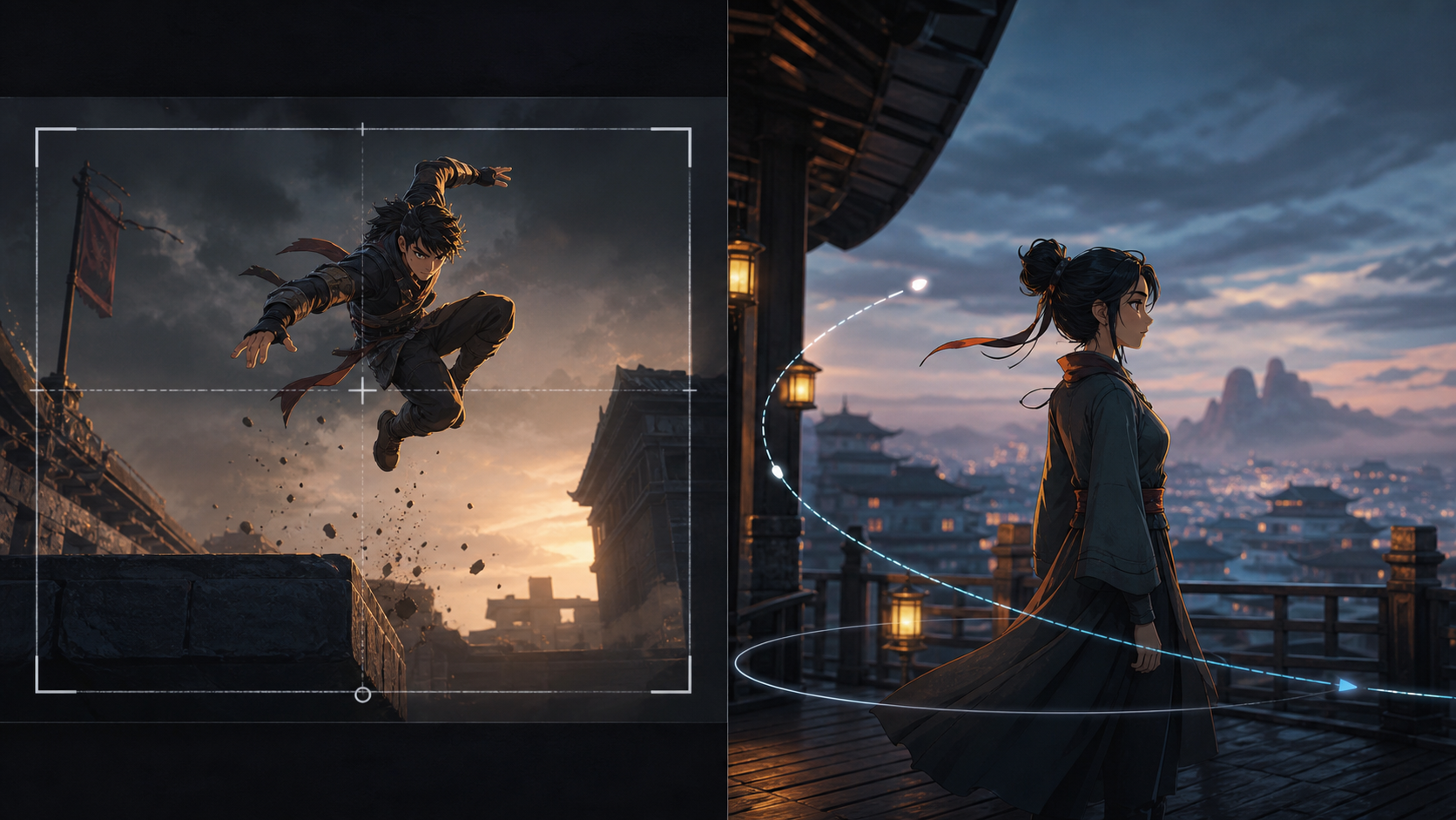 Complex action with a stable camera versus simple action with a controlled camera move