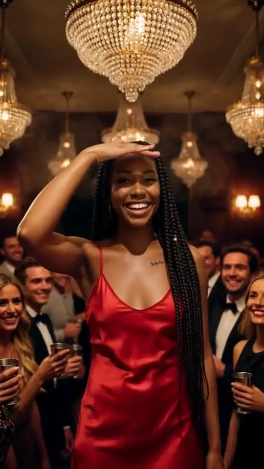 External visual reference of a party guest posing beneath chandeliers