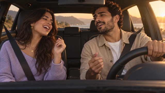 External reference image of two adults performing together in a warmly lit car interior
