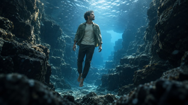 Man in a grey-green jacket and trousers floating between underwater rock walls, with light from the surface above and small fish in the distance.