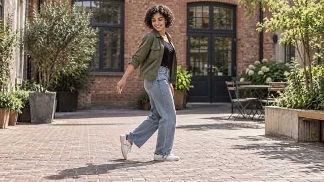 Woman in a green jacket, jeans and white shoes in profile in a brick-paved courtyard, with one heel raised and the other foot flat.