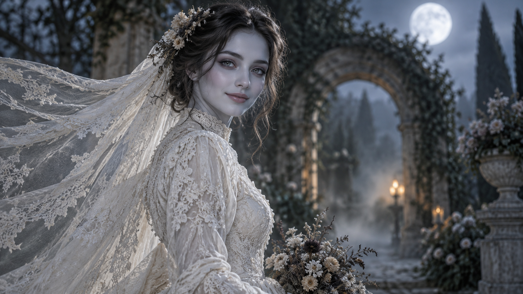 AI upper-body illustration of a calm gothic bride with a visible face, long sleeves, a dried bouquet and a lace veil flowing left in a moonlit garden