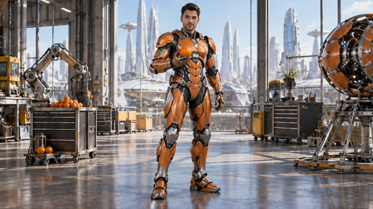 Person in orange articulated armor holding an orange in a bright workshop with face uncovered