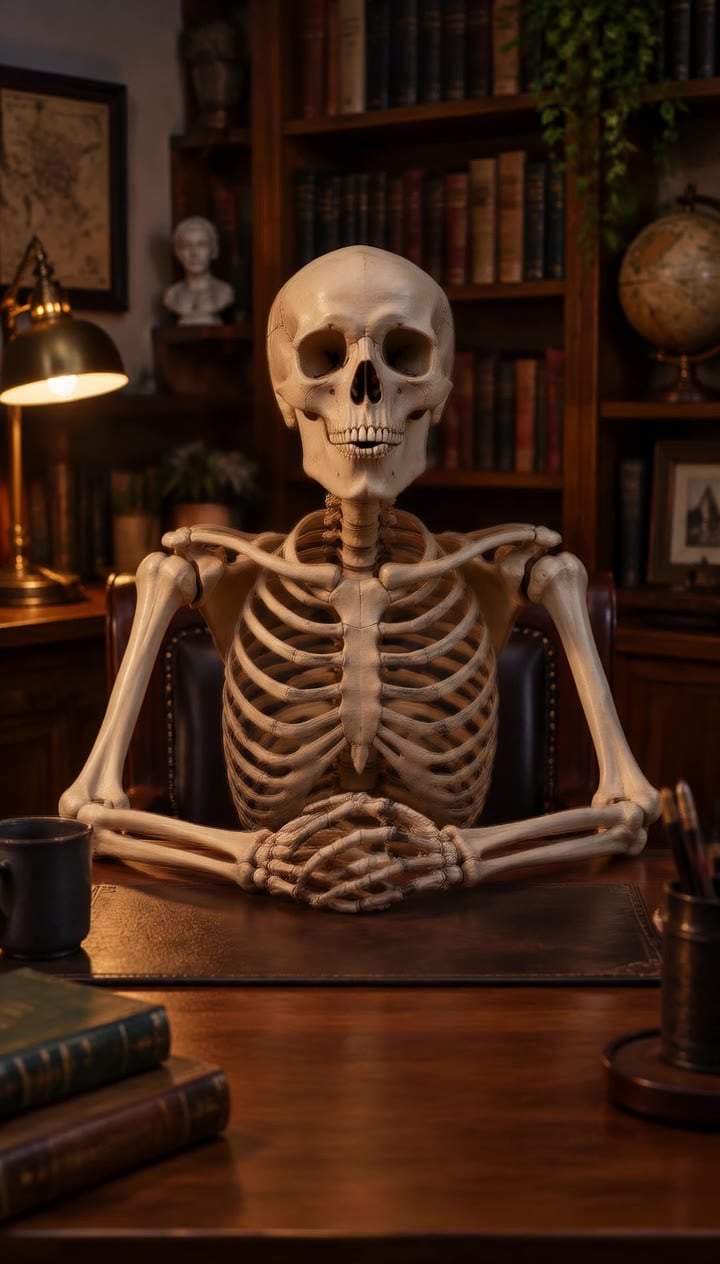 Skeleton seated facing the camera at a wooden desk in a warm study with books, a lamp and a globe