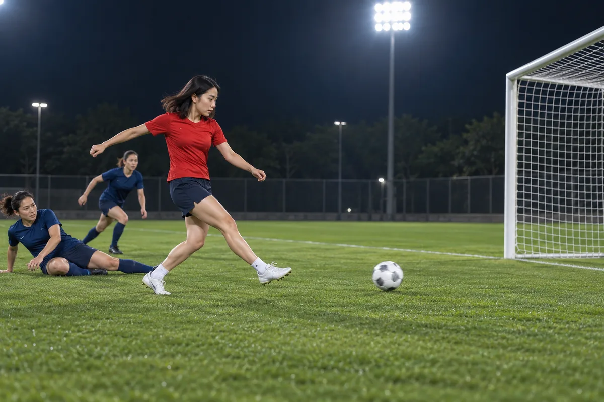 Red-shirted player finishing toward goal with two blue-shirted defenders behind