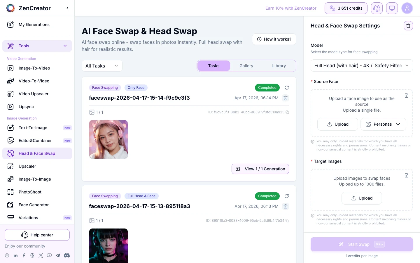 Source-page Head and Face Swap interface with the Full Head with hair model selected