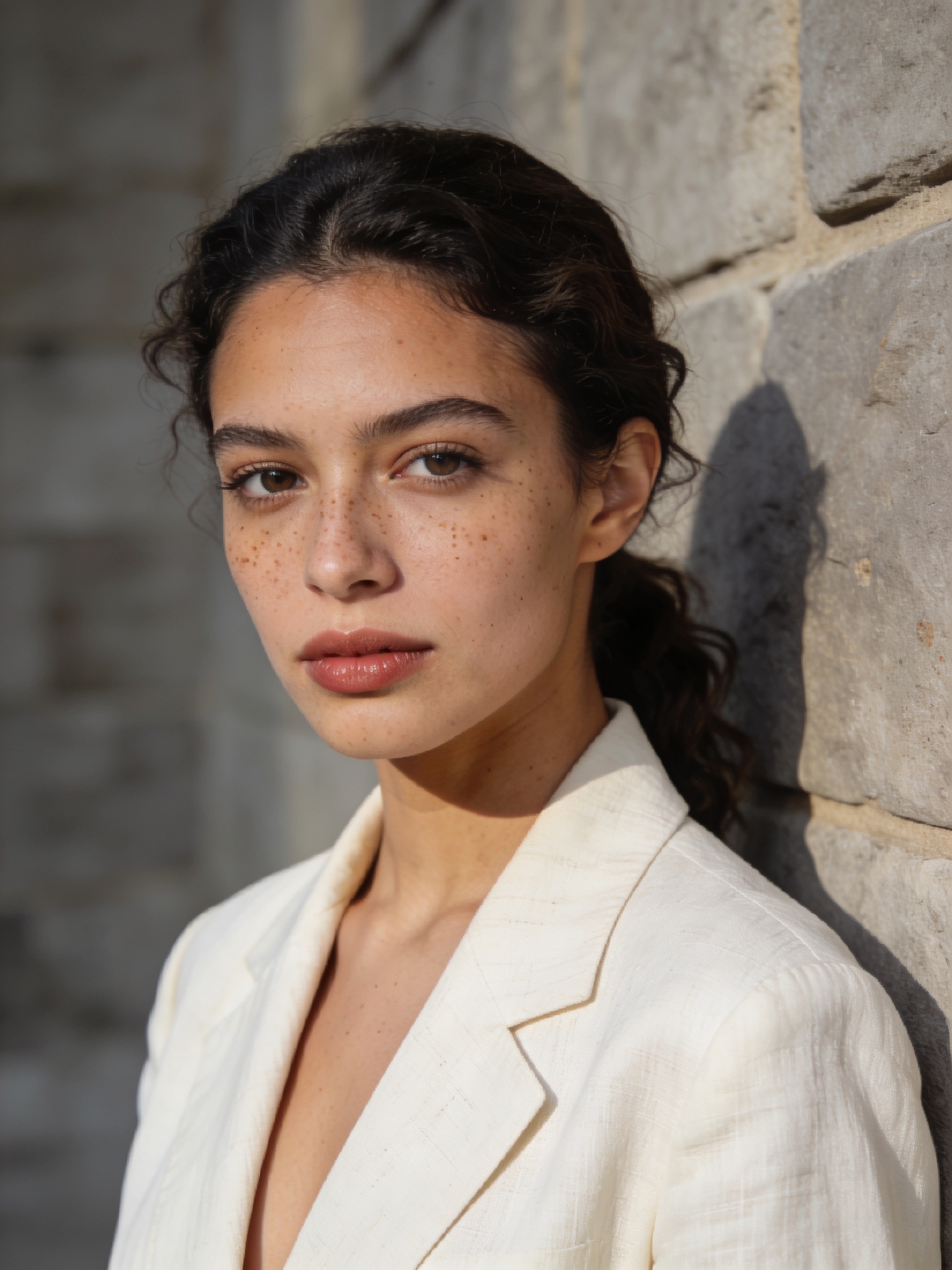 Editorial portrait of a woman in a white blazer