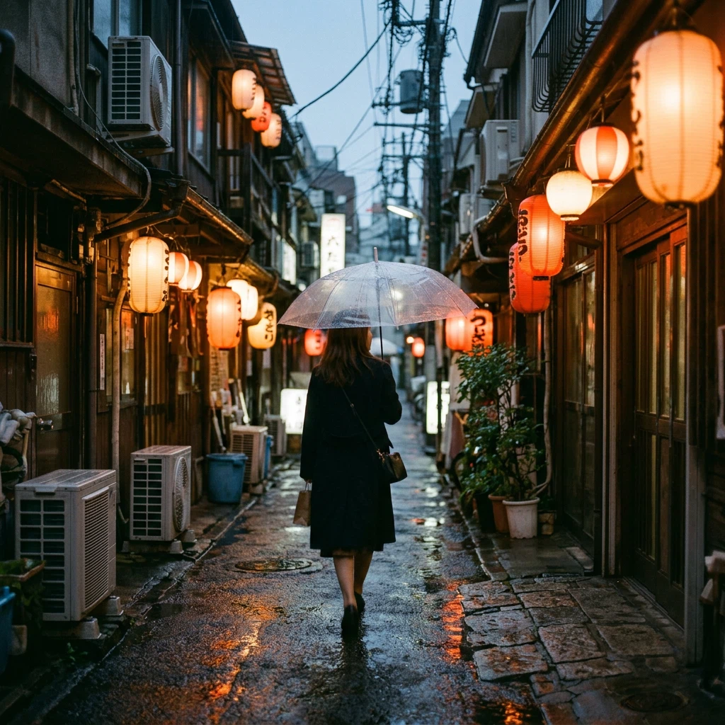 A woman carrying a transparent umbrella walks along a rainy lantern-lit street.