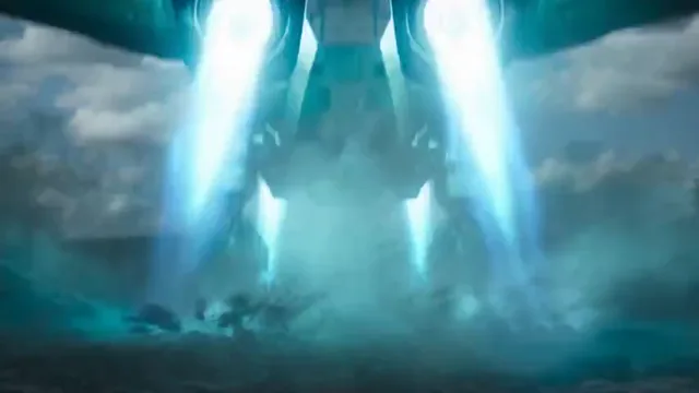 A futuristic aircraft with bright blue engines above a cloud-covered landscape.