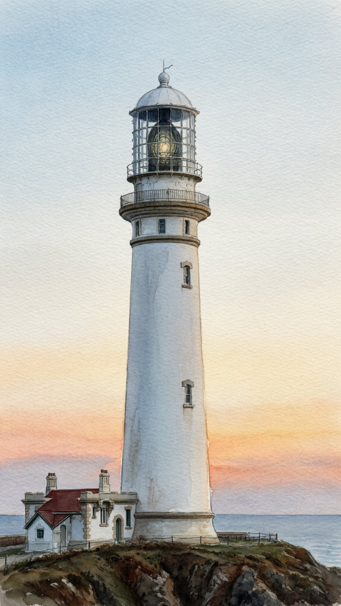 A watercolor lighthouse stands on a rocky coast under a pastel sky.