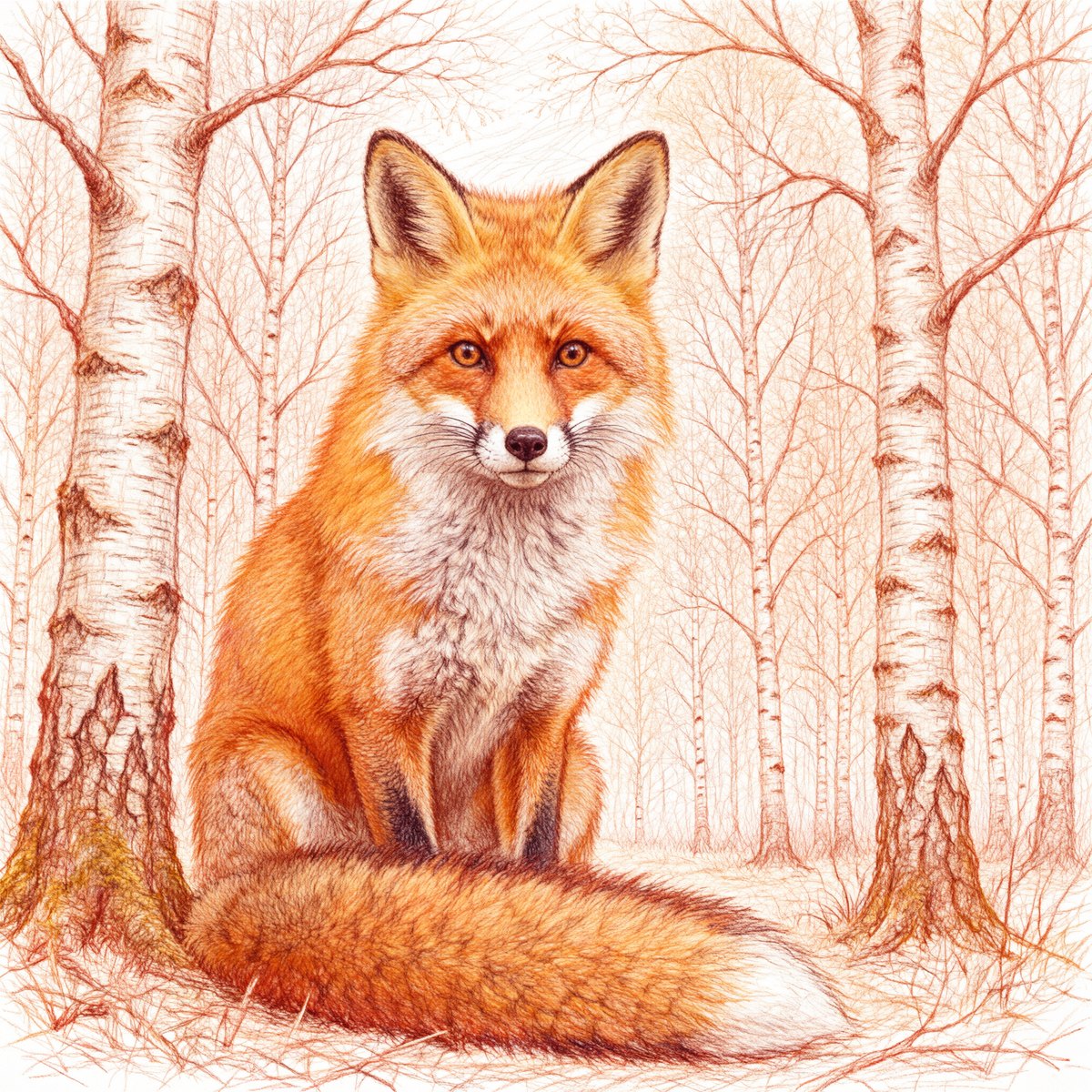 A red fox appears in a colored-pencil drawing of a birch forest.