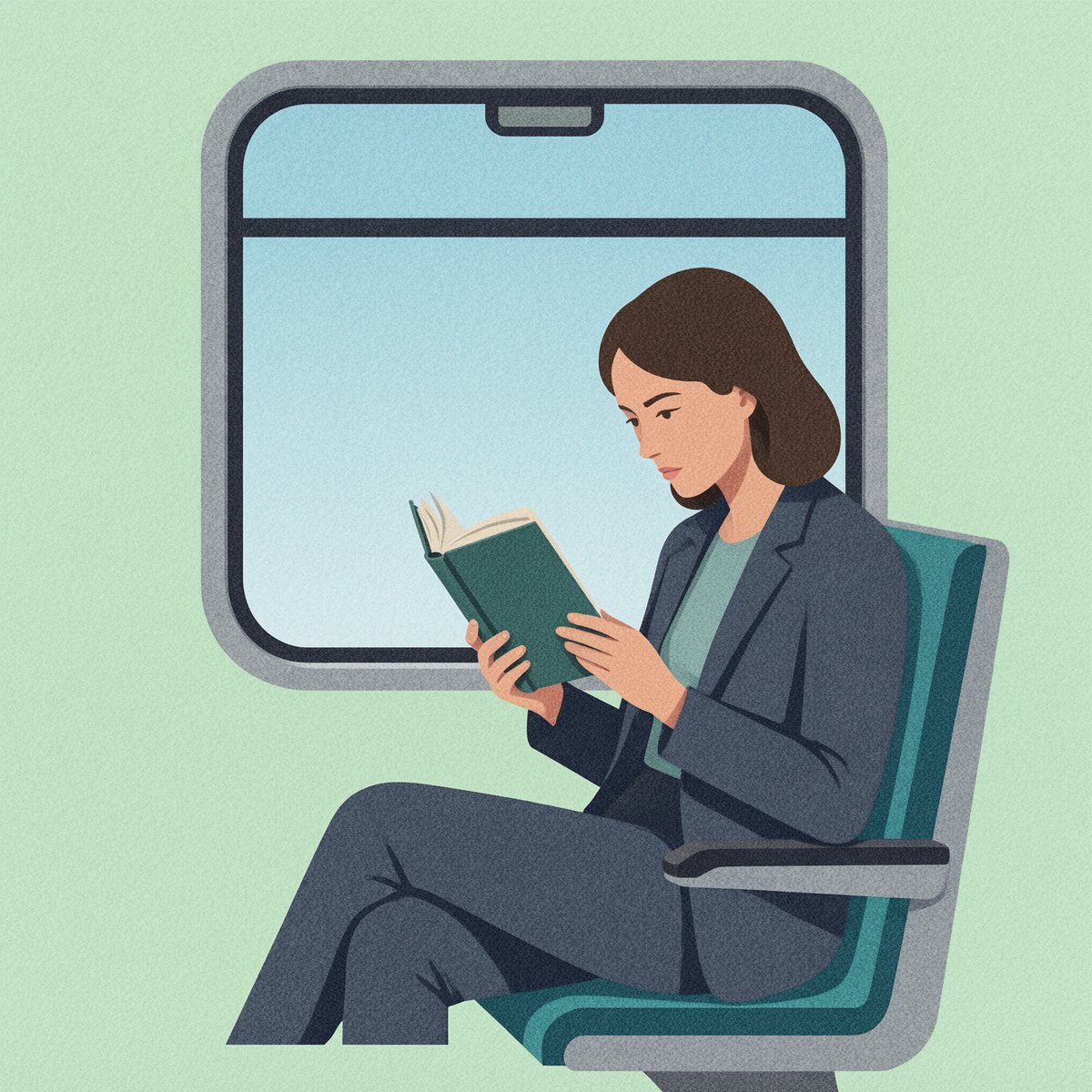 A flat editorial illustration shows a woman reading on a train.