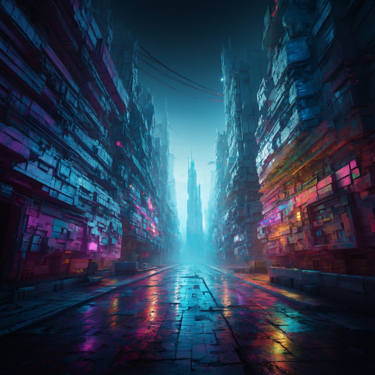 A digital artwork shows neon reflections along a futuristic city street.