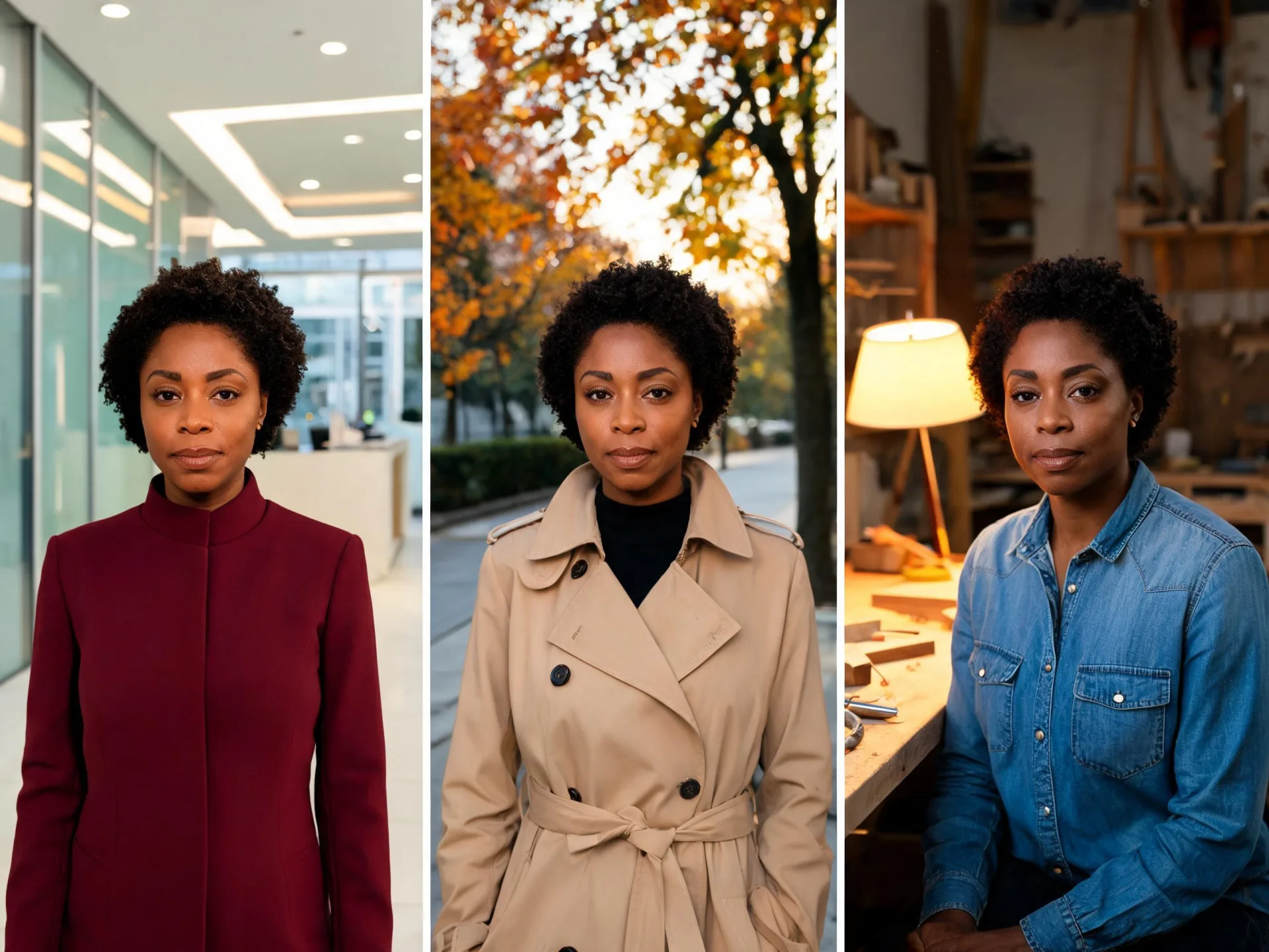 One character appears in office, outdoor, and indoor portrait settings.