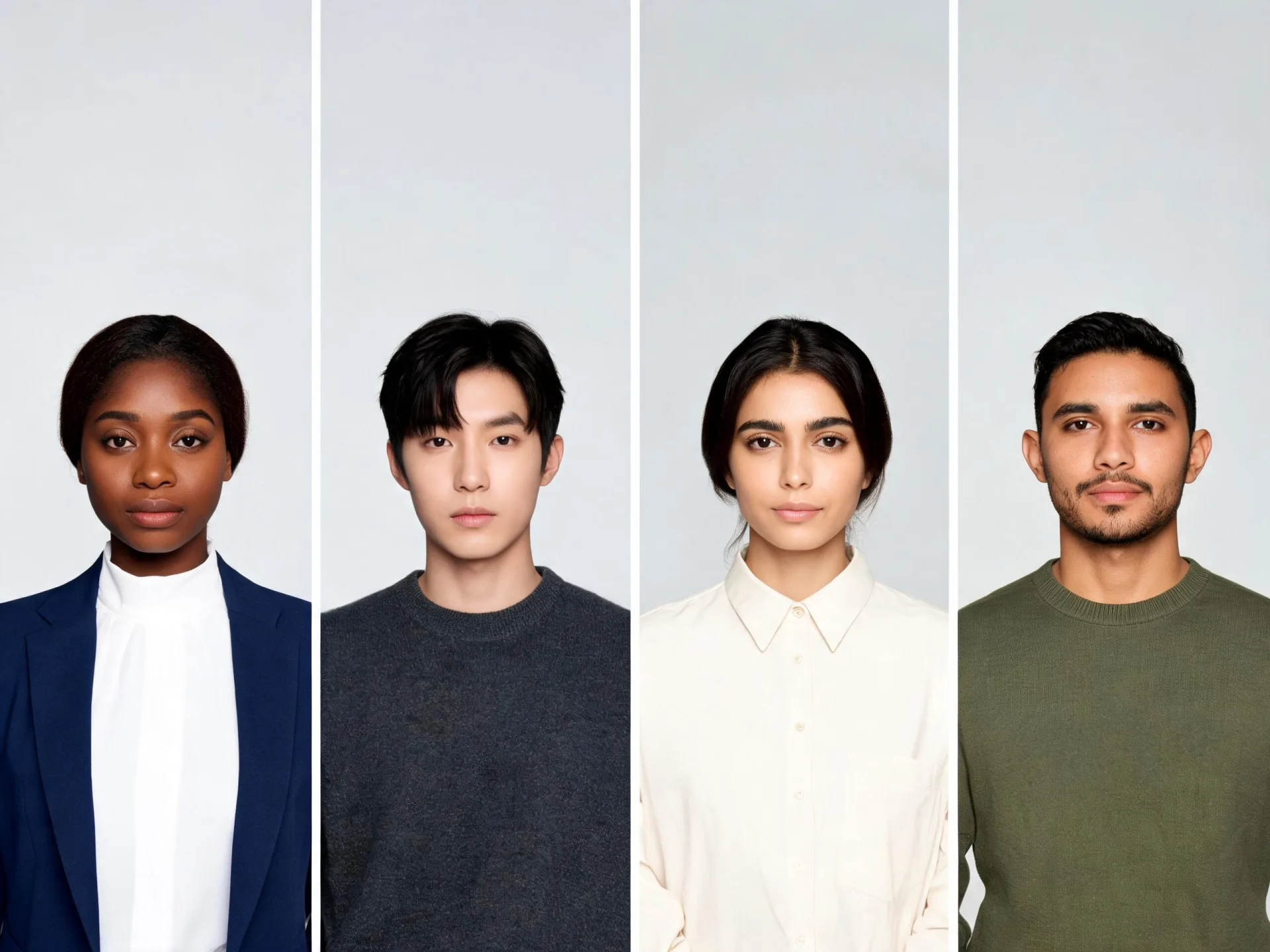 Four fictional portrait concepts share a neutral studio background.
