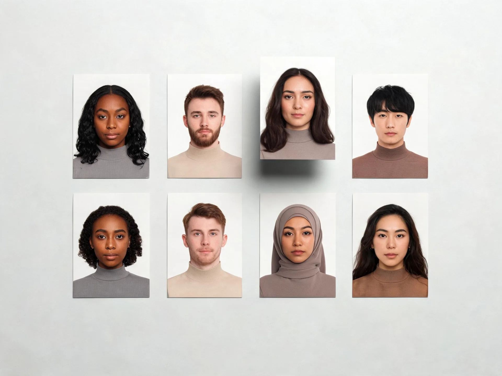 Eight portrait concepts are laid out as printed selection cards.