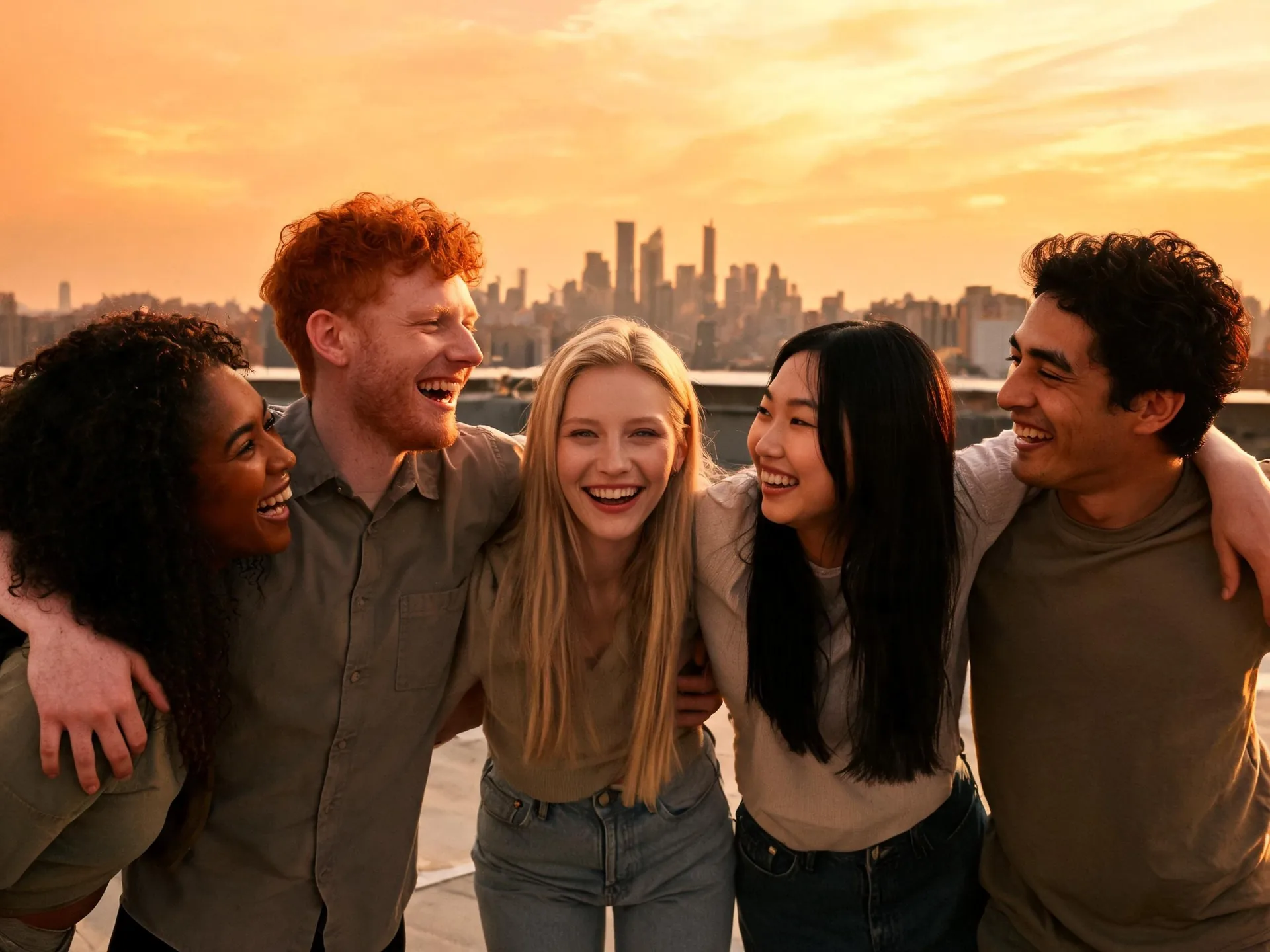 Five friends pose together on a rooftop at sunset.