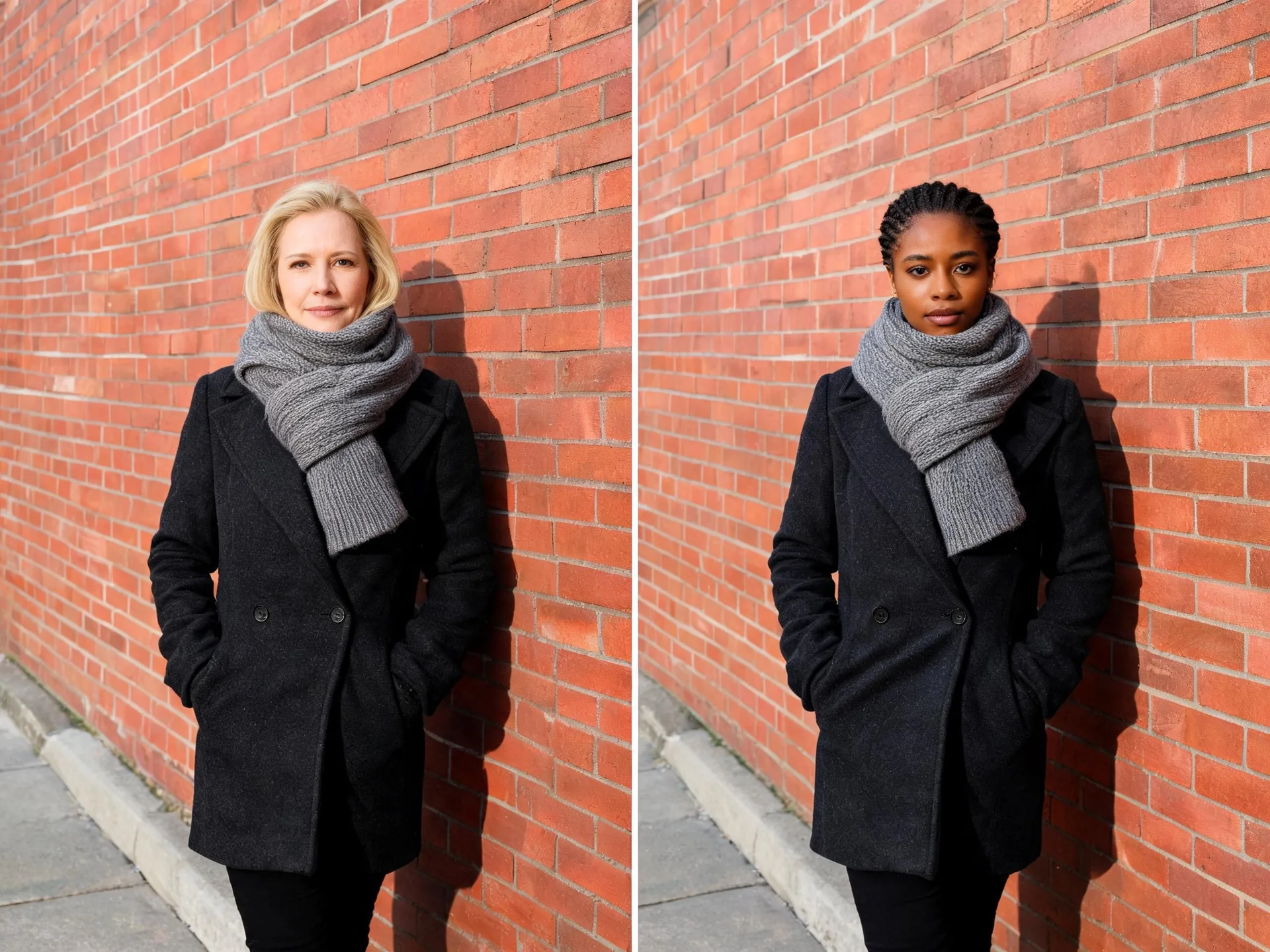Two portraits compare different faces while keeping a black coat, scarf, and brick-wall setting.