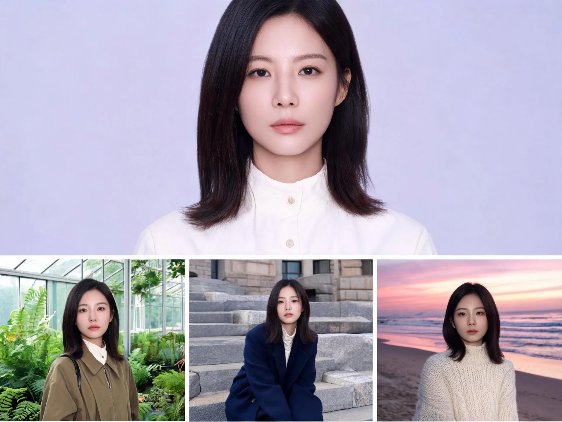 A character portrait appears above three examples in different settings.