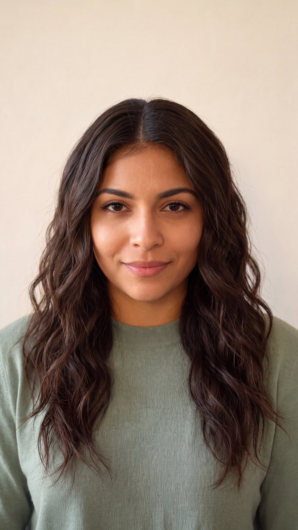 A woman previews long, loose waves with a center part.