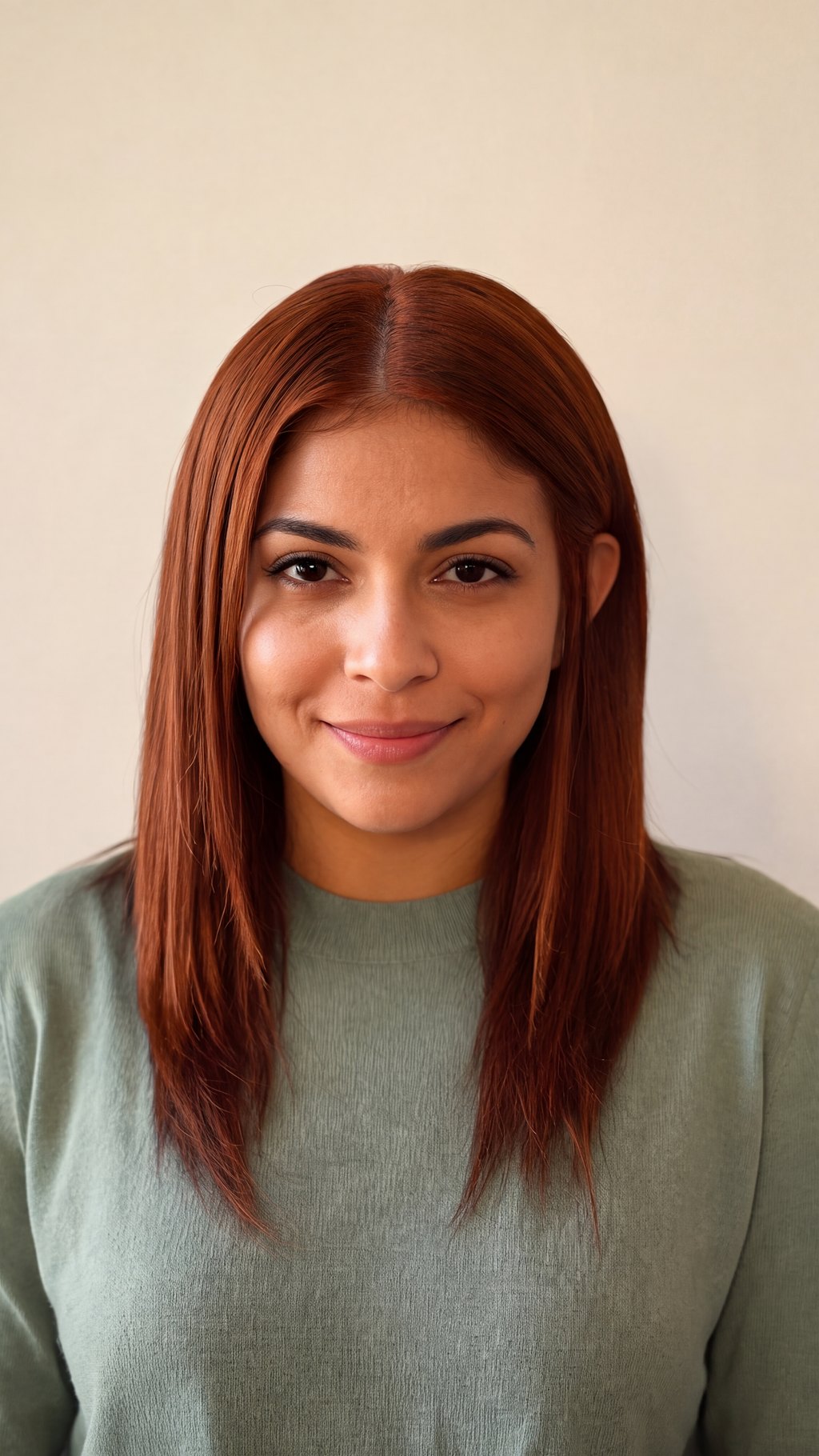 A woman previews straight copper-colored hair.