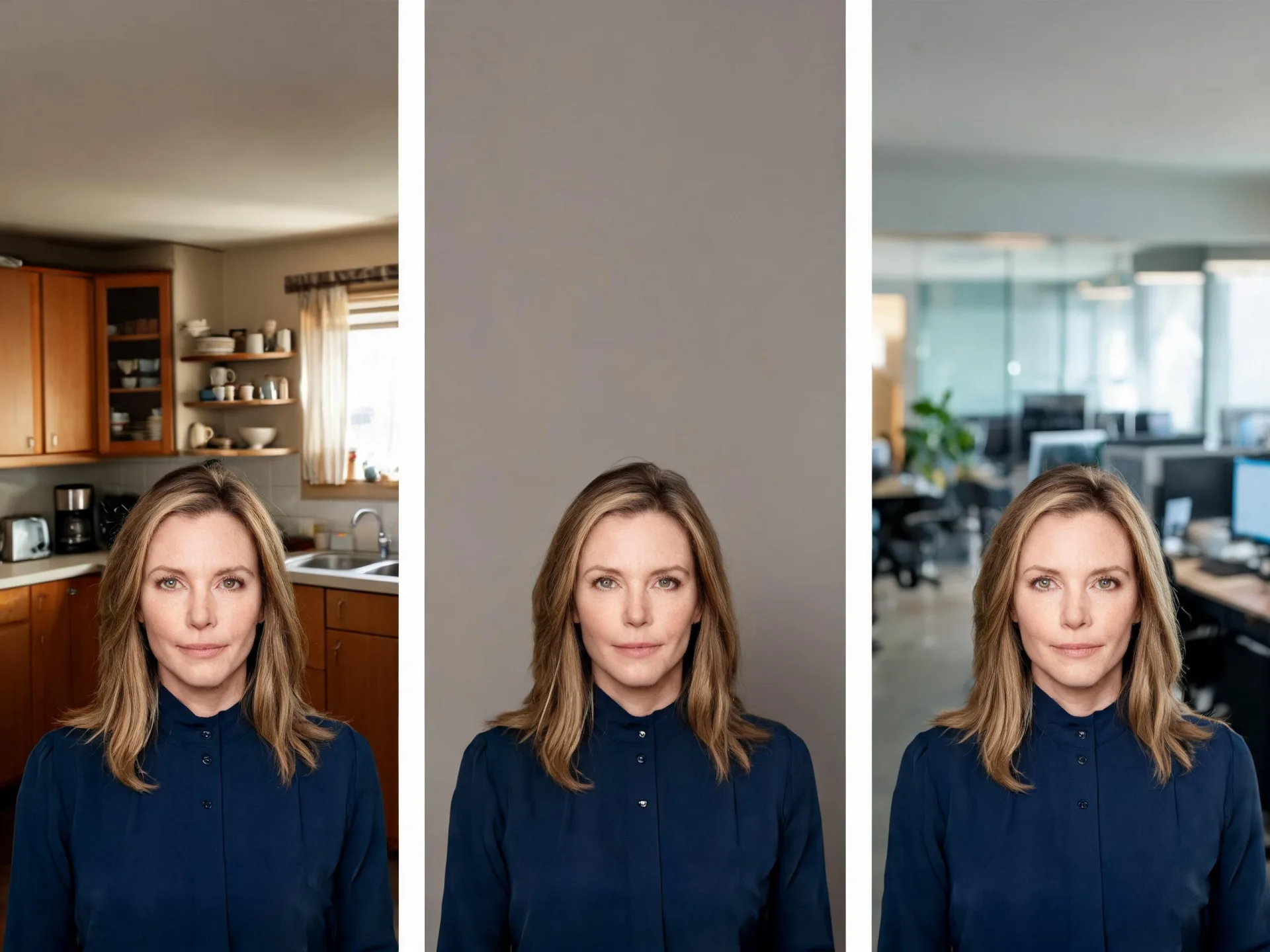 A woman in a navy shirt appears against kitchen, gray, and office backgrounds.