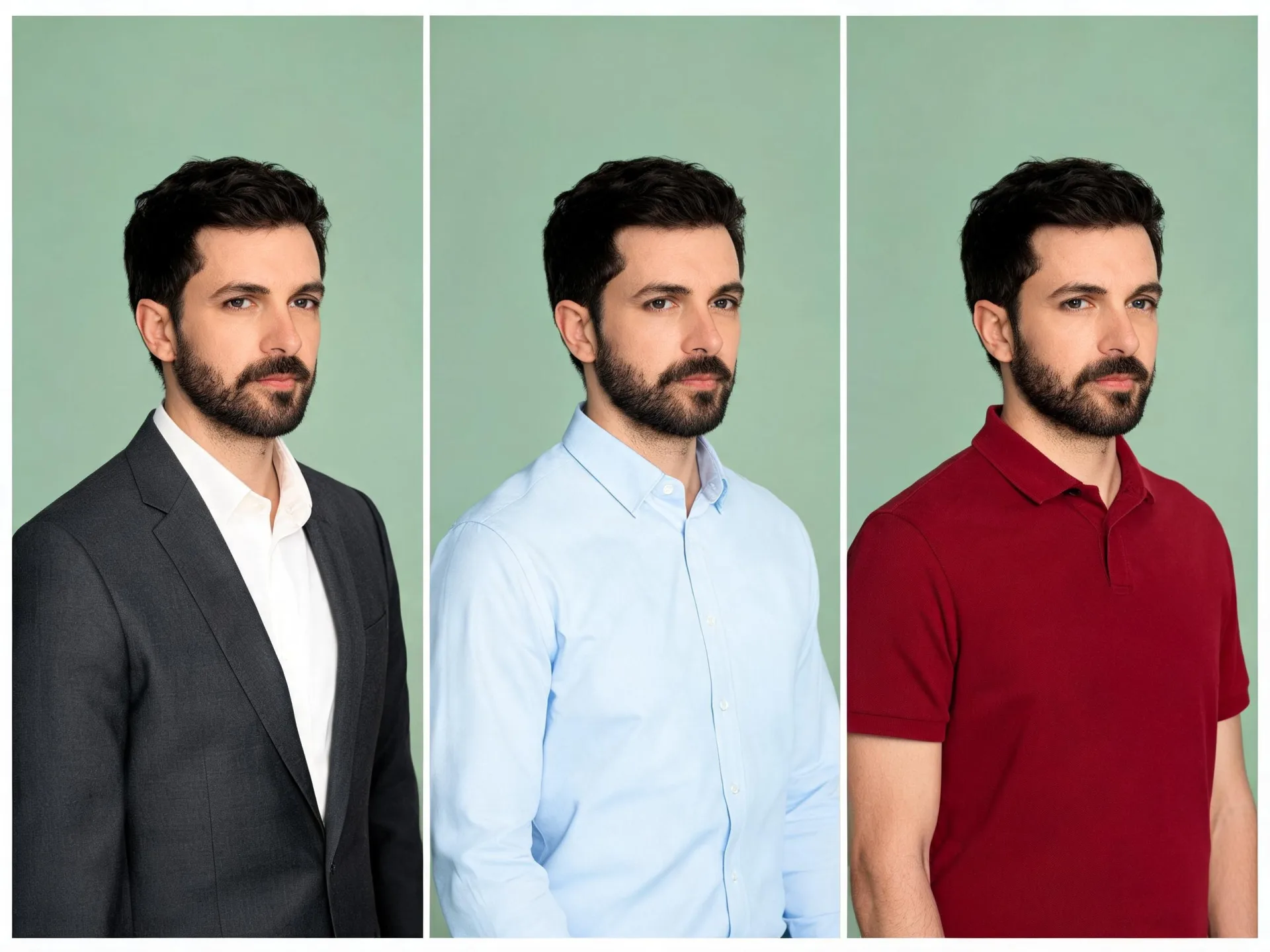 A man compares a suit jacket, a blue shirt, and a red polo in matching portraits.