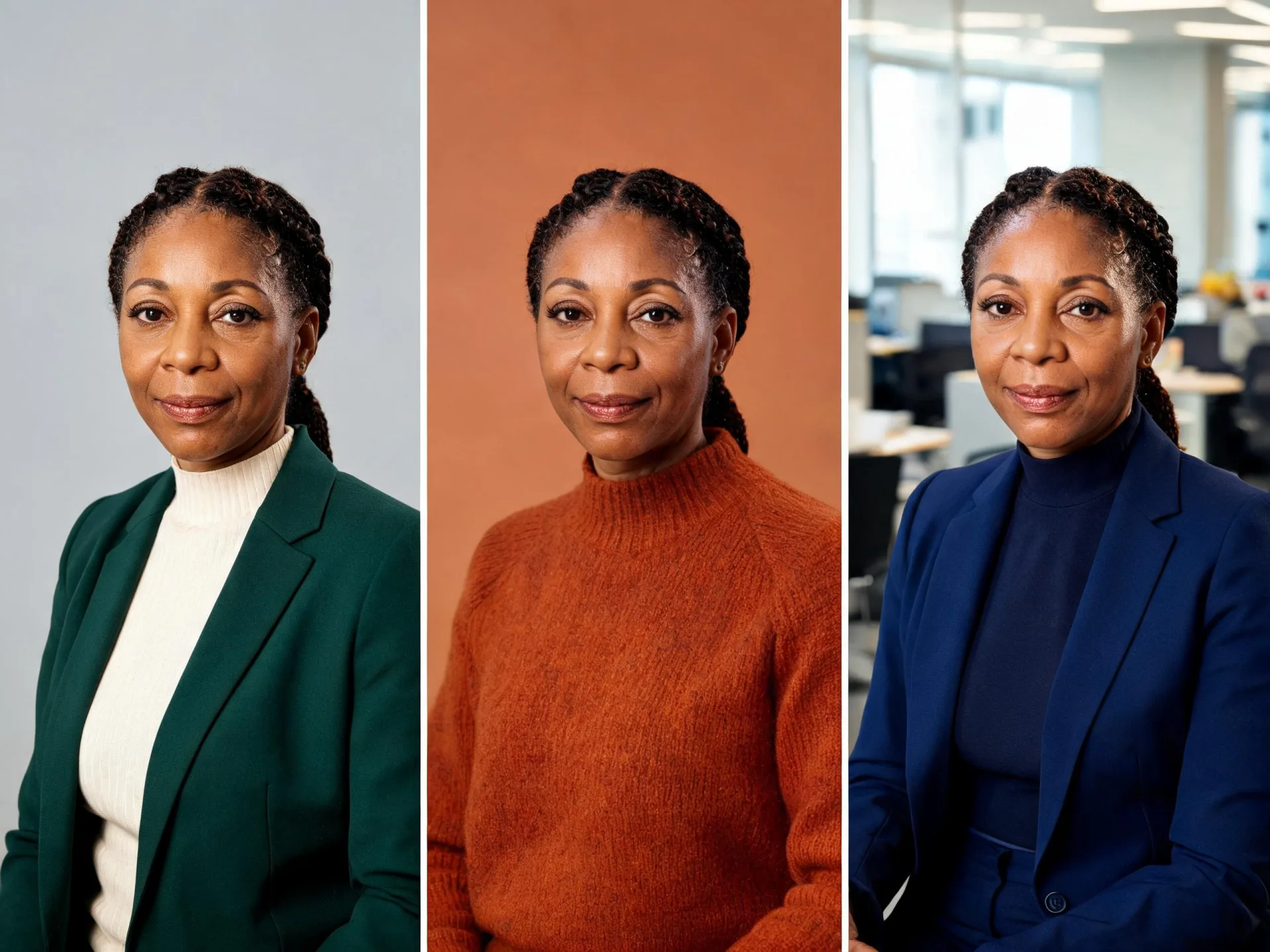 Three headshots compare different outfits and backdrops for one person.