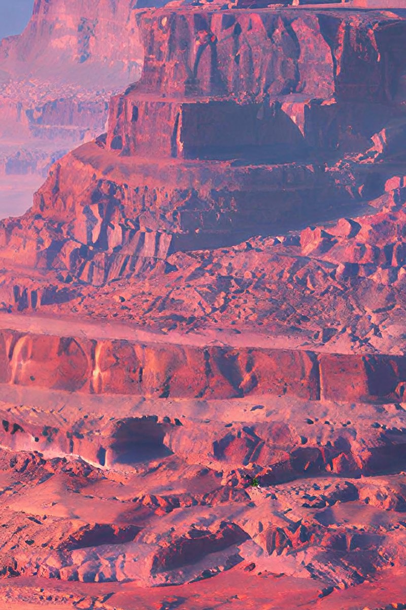 Red canyon cliffs show layered rock textures in warm light.