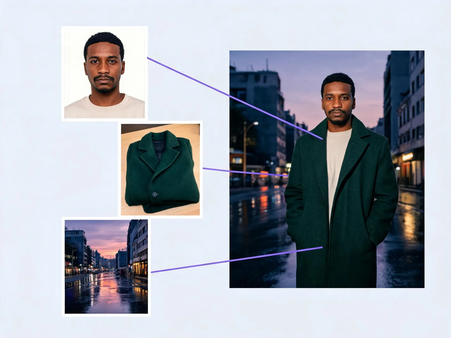 Portrait, green coat, and street references guide a combined city portrait.