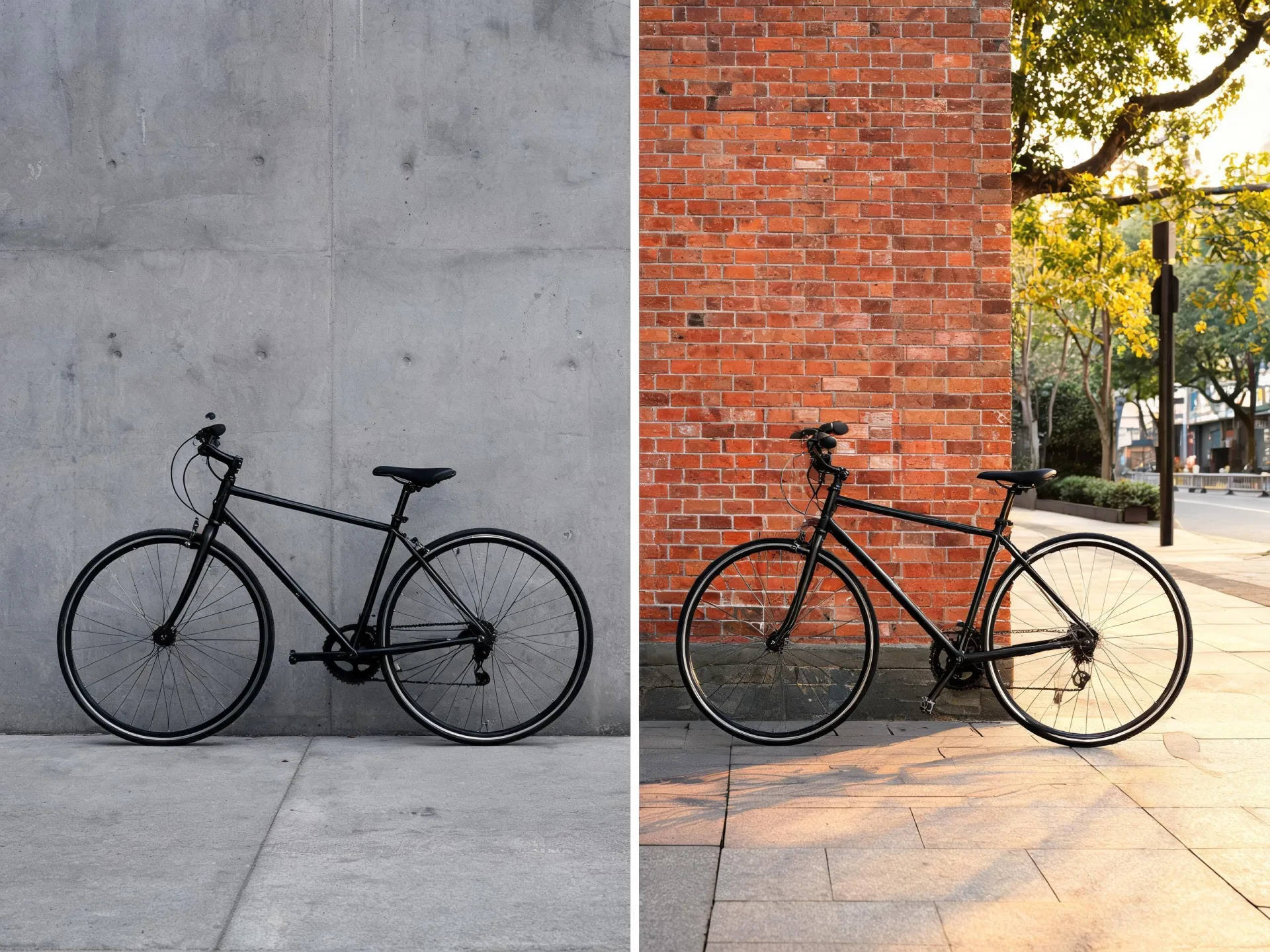 A bicycle against a plain wall appears beside a sunlit street version.