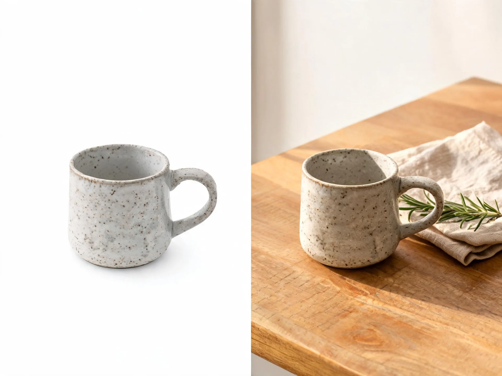 A plain stoneware mug photo appears beside a styled shot on a wooden counter.