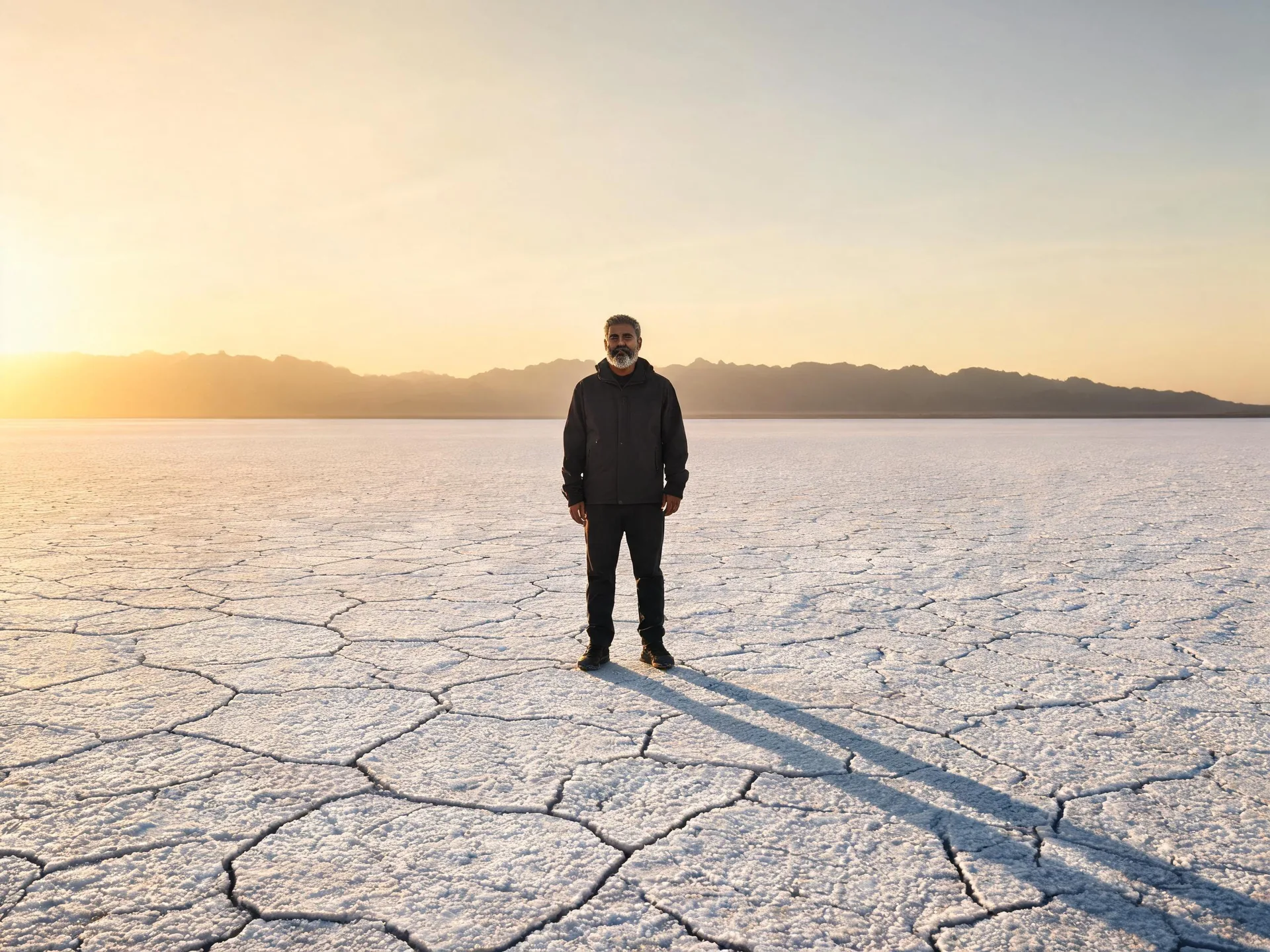 A man stands on a sunlit salt flat with a long matching shadow.